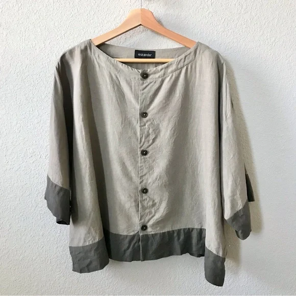 Eskandar 100% Linen Boxy Button Front Top Size 1 Medium Tan Green Khaki Luxury - Picture 1 of 8